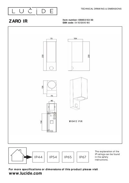 Lucide ZARO IR - Foco de pared / Lámpara de pared Dentro/Fuera - 2xGU10 - IP65 - Sensor movimiento & día/noche (desactivable) - Negro - técnico